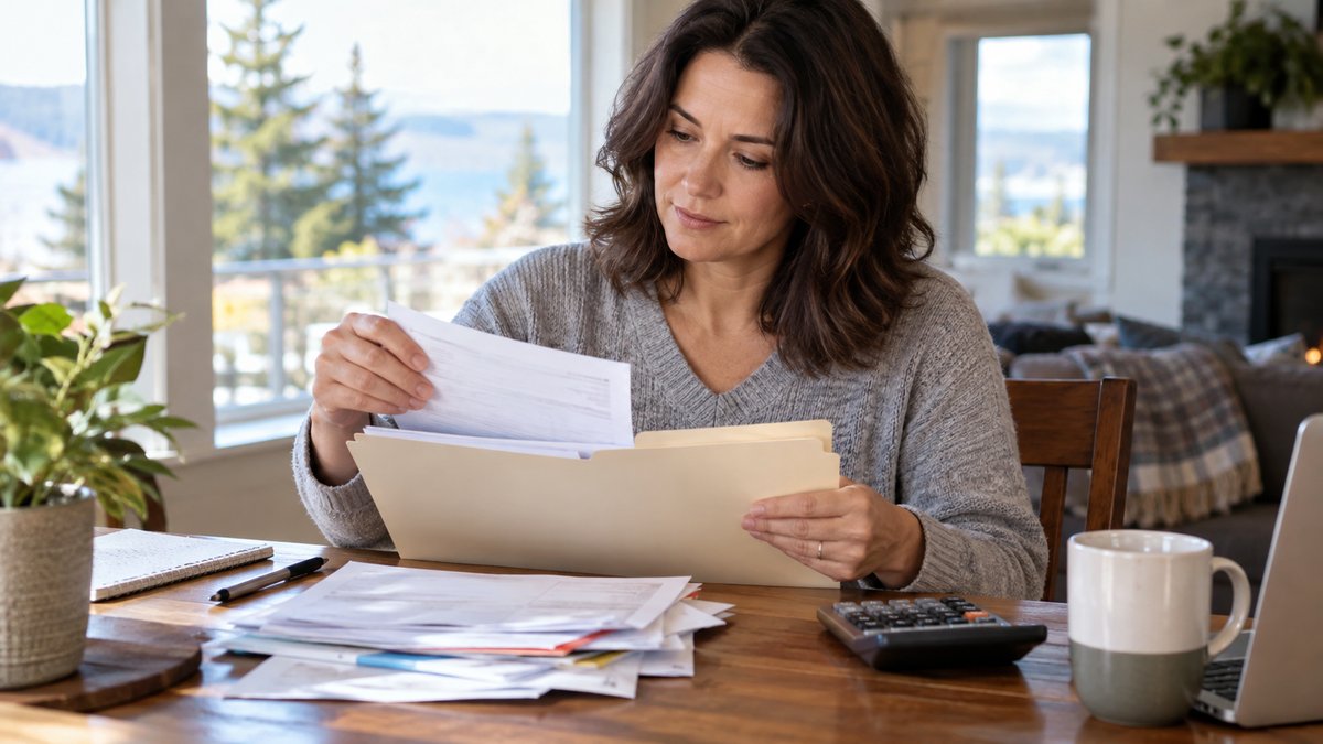 A homeowner organizes several household bills into a single folder beside a calculator, careful calm expression — illustrative image