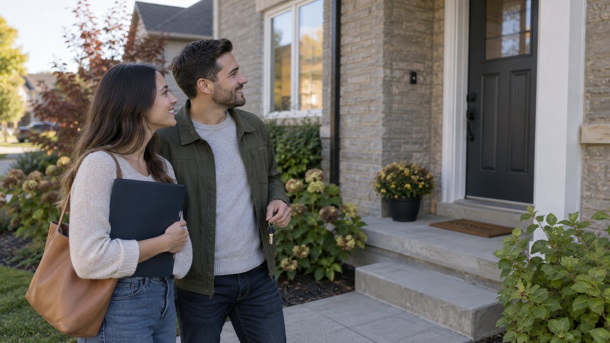First-time buyers examine the doorway and garden of a modest Canadian starter home with a plain document folder and keys — illustrative image
