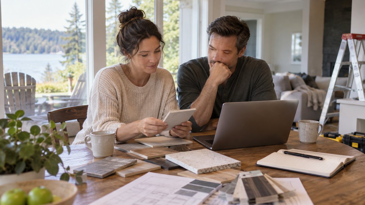 A homeowner plans gradual home improvements using material samples, a laptop and a budgeting notebook — illustrative image