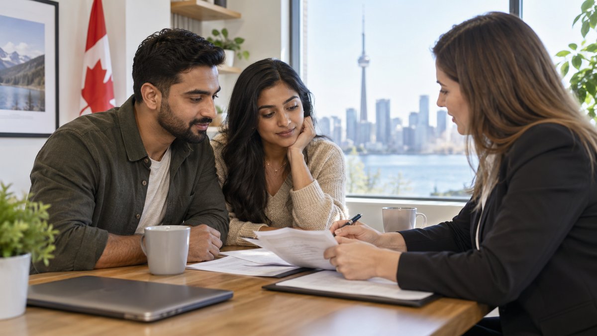 A newcomer couple reviews homebuying paperwork with an adviser in a welcoming Canadian office, attentive calm expressions — illustrative image