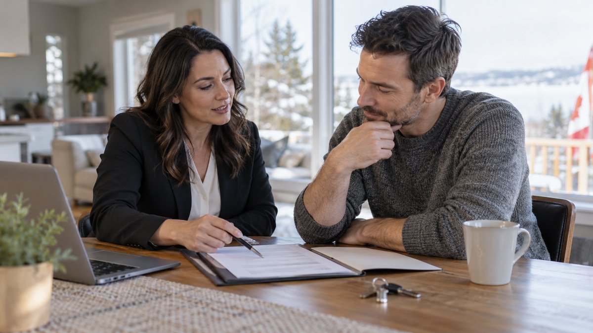 An independent lending adviser and homeowner discuss a short-term home financing plan, plain property folder and keys on the table — illustrative image
