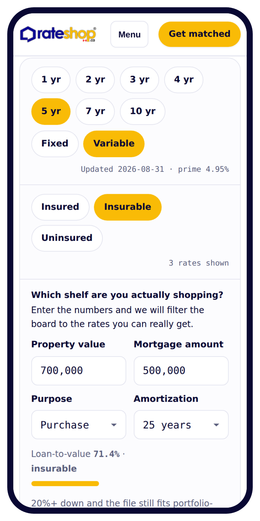 The RateShop rate board on a phone: term and type filters, the live published rates, and the shelf finder