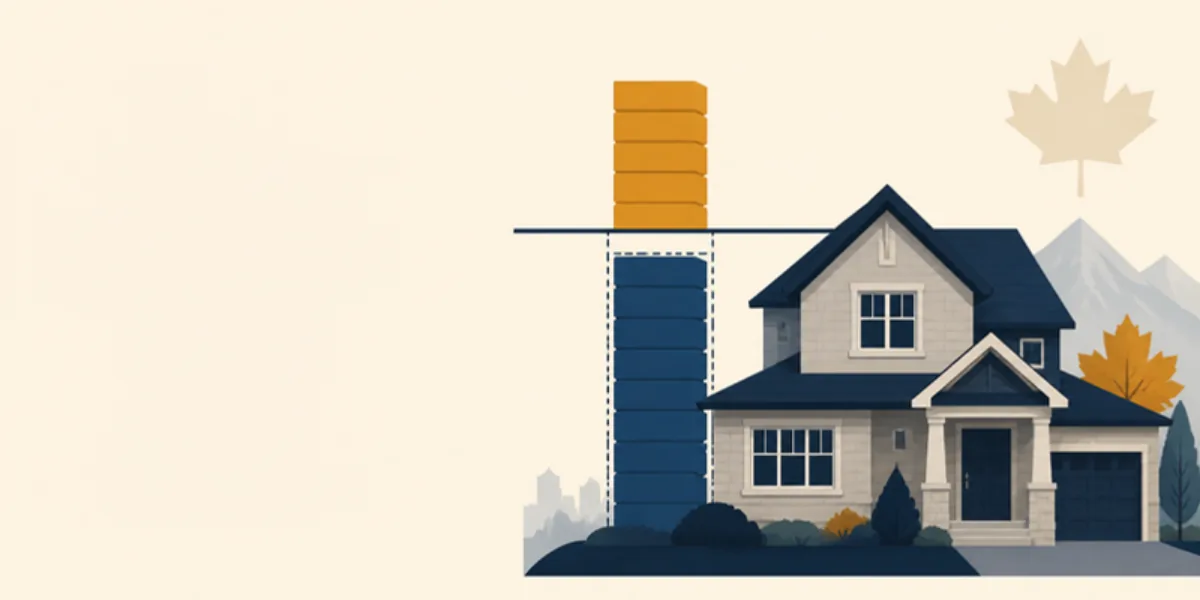 Flat-vector illustration of a Canadian house beside a stack of equity blocks cut off by a hard horizontal ceiling line, with a shorter inner bar below showing the smaller binding limit.