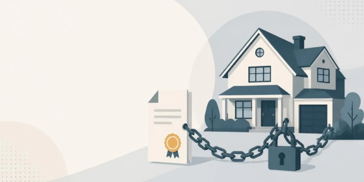 Flat-vector illustration of a Canadian house chained and padlocked to a registered legal document with a seal, representing a collateral charge mortgage