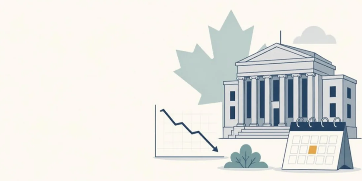 Flat-vector illustration of a central bank building, a falling employment line chart and a wall calendar with a maple leaf motif, illustrating the expected December Bank of Canada rate hike.