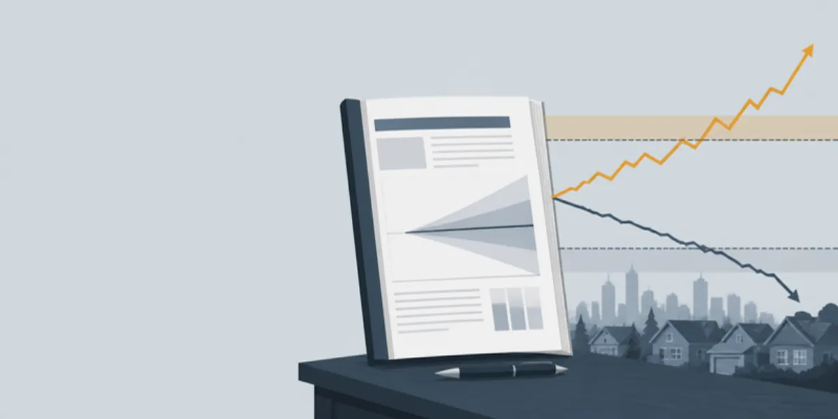 Editorial illustration of a central bank monetary policy forecast report with two diverging trend lines above a Canadian residential skyline