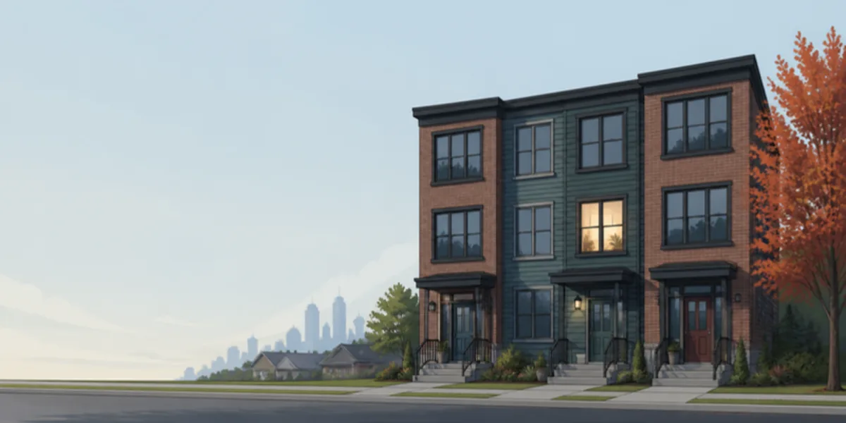 Flat-vector illustration of a Canadian three-unit residential multiplex with three separate front entrances, one unit lit from within, on a quiet street with a maple tree and a faint city skyline