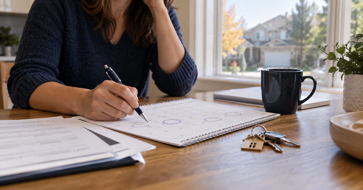 A homeowner reviews mortgage paperwork beside a calendar and house keys.