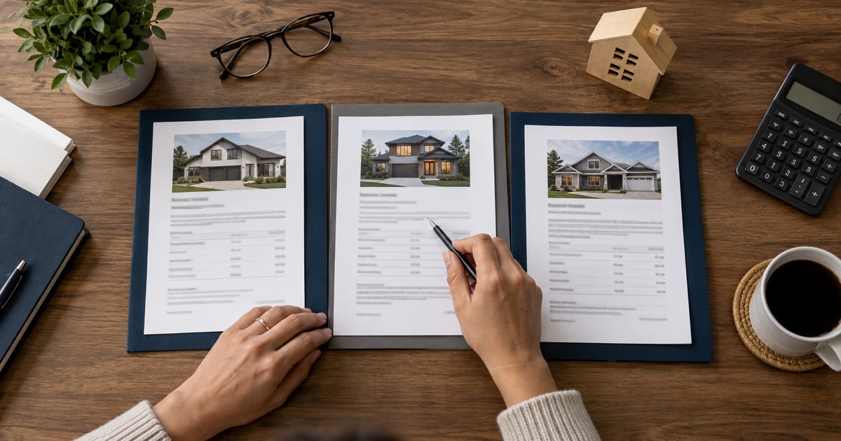 Three mortgage offer folders beside a house model and calculator illustrate comparing lender options.