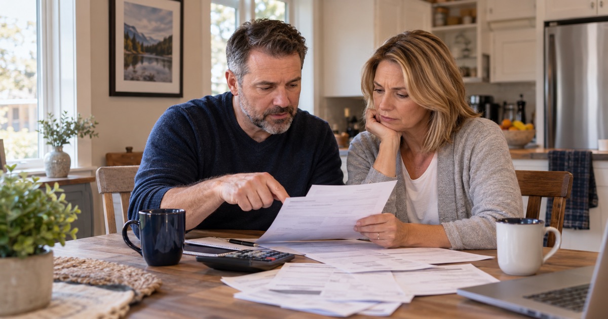 A couple reviews a mortgage renewal letter alongside household bills and a calculator.