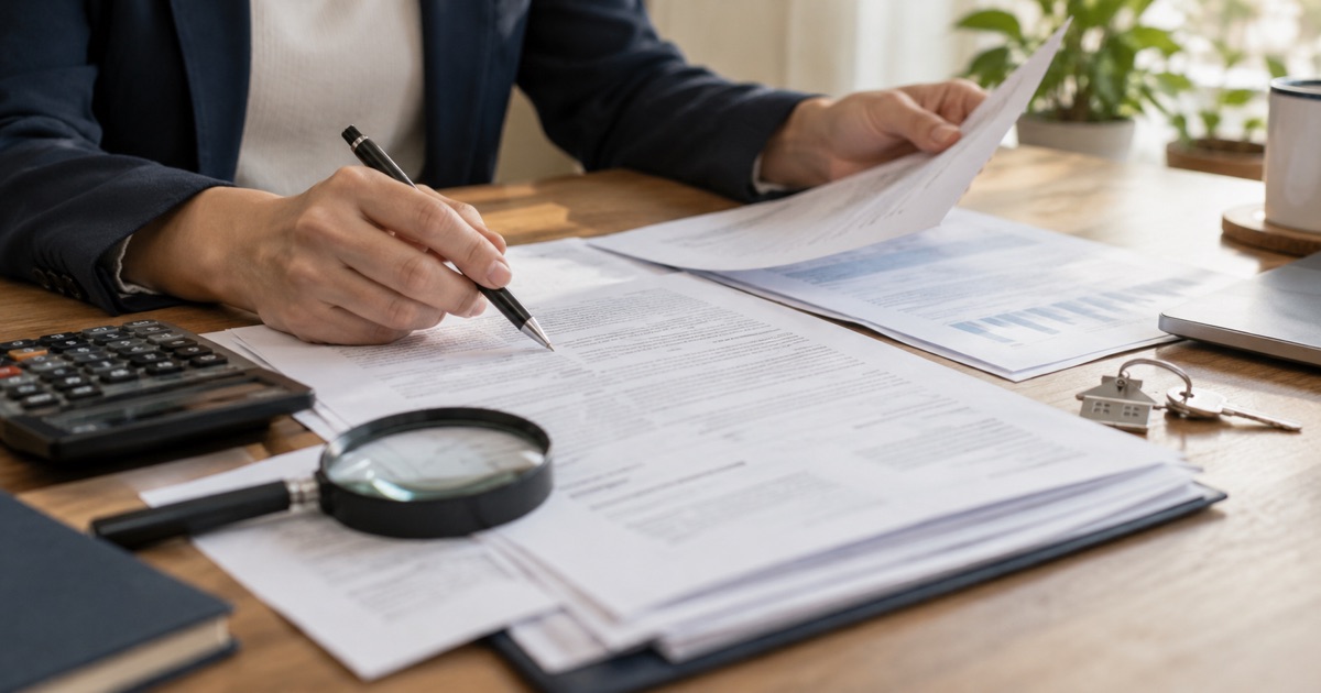 Mortgage documents, fee pages and a calculator laid out for a review of total borrowing costs.