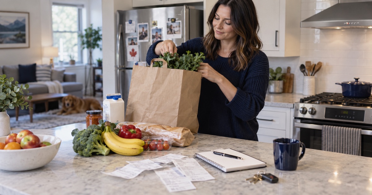 Groceries, receipts and a household budget on a kitchen counter illustrate the pressure of rising living costs.