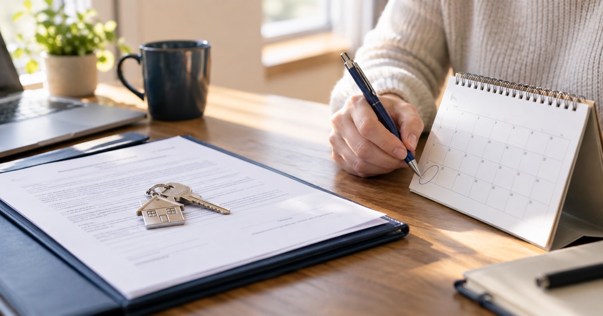 A borrower marks a calendar beside mortgage documents and house keys to track a rate hold deadline.
