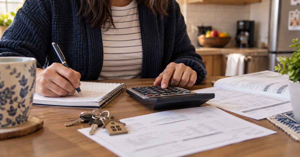 A homeowner calculates mortgage payments using a statement, calculator and household budget.