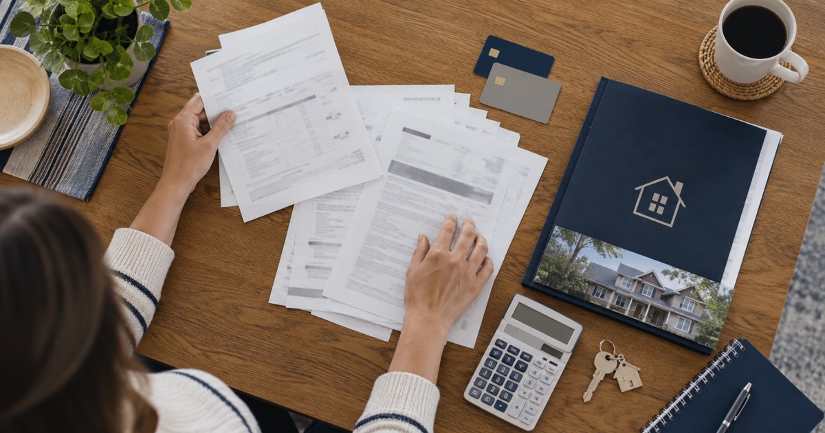 A homeowner organizes credit card bills and a mortgage folder to assess debt consolidation through refinancing.