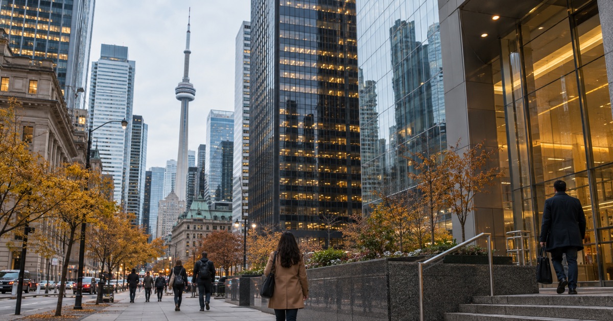 Photorealistic depiction of Toronto's financial district for an article about Canadian bank rate forecasts.