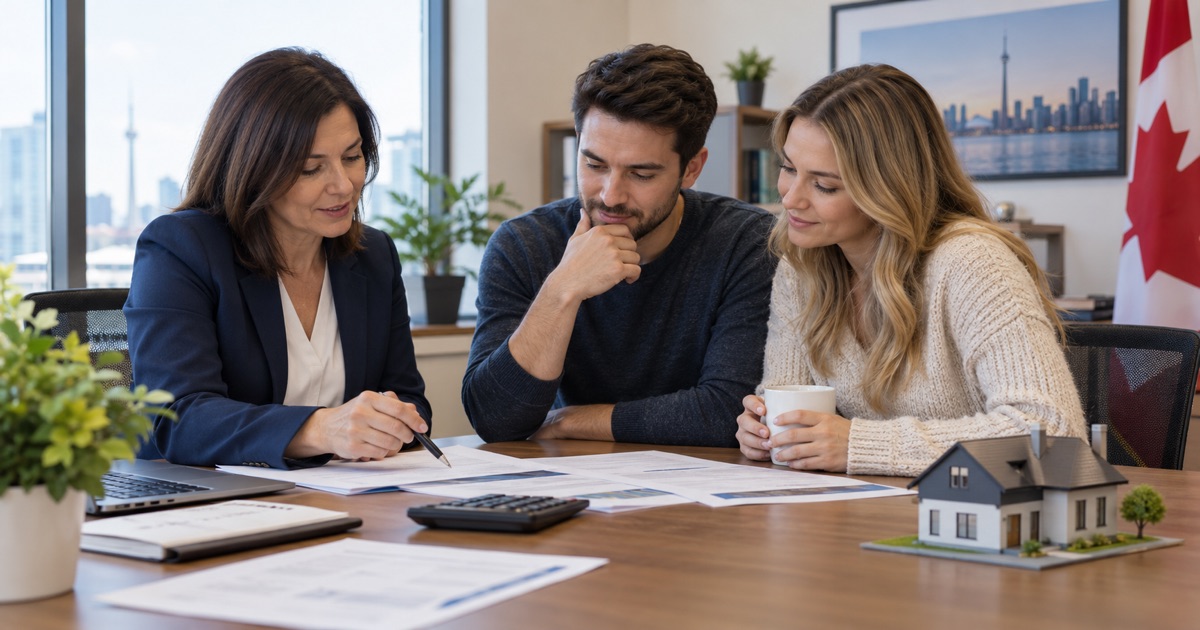 A couple and mortgage advisor work through income and expenses to assess mortgage affordability.