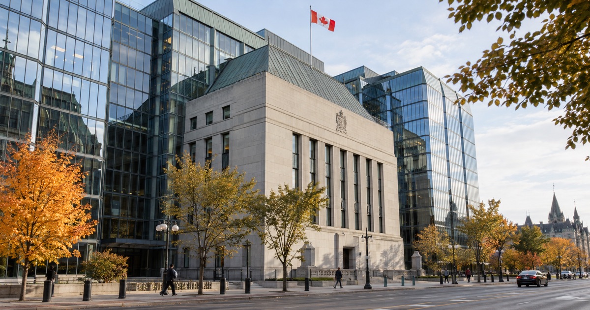 Photorealistic depiction of the Bank of Canada headquarters for an article about an upcoming rate decision.