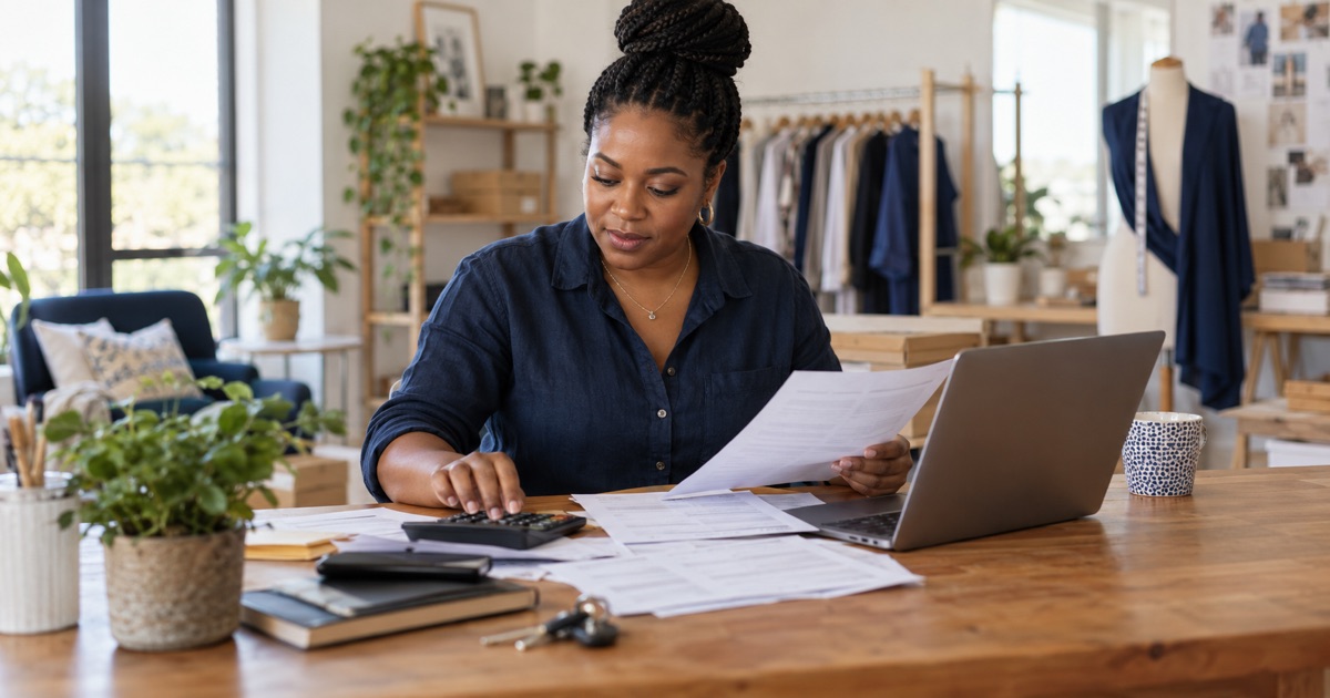 A self-employed business owner organizes tax documents and invoices for a mortgage application.