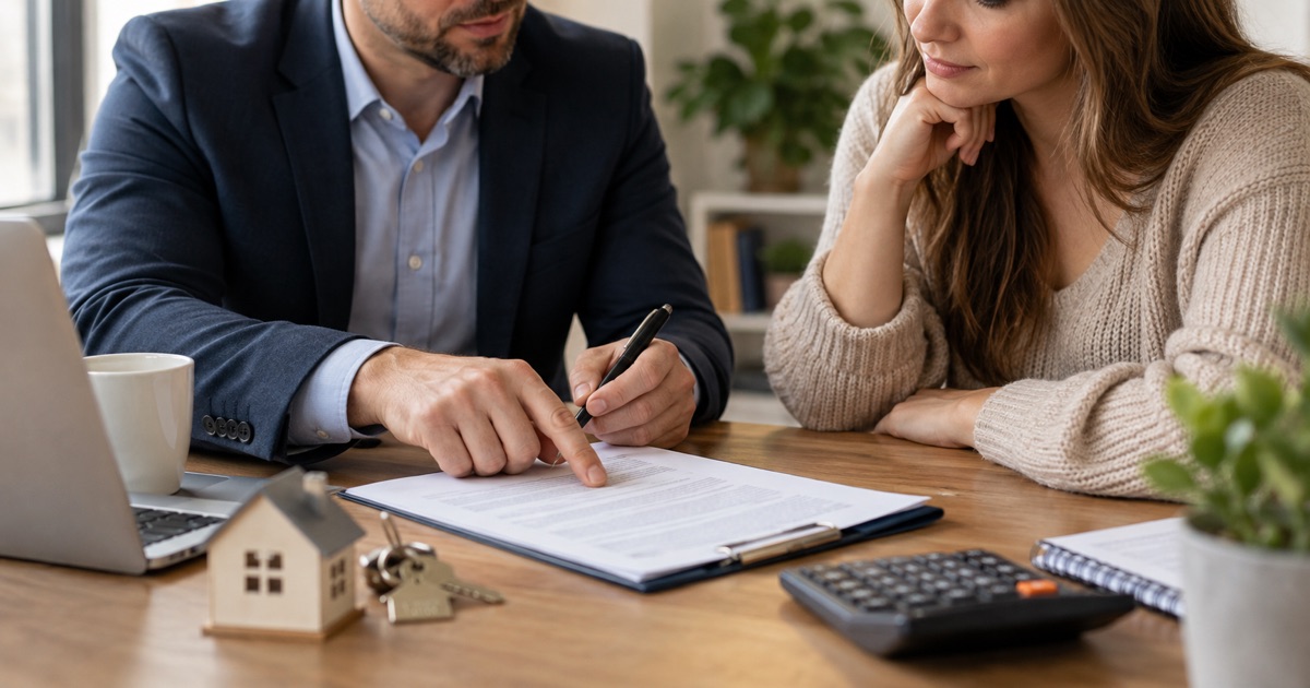 A borrower reviews mortgage contract terms and potential early repayment costs with a professional.