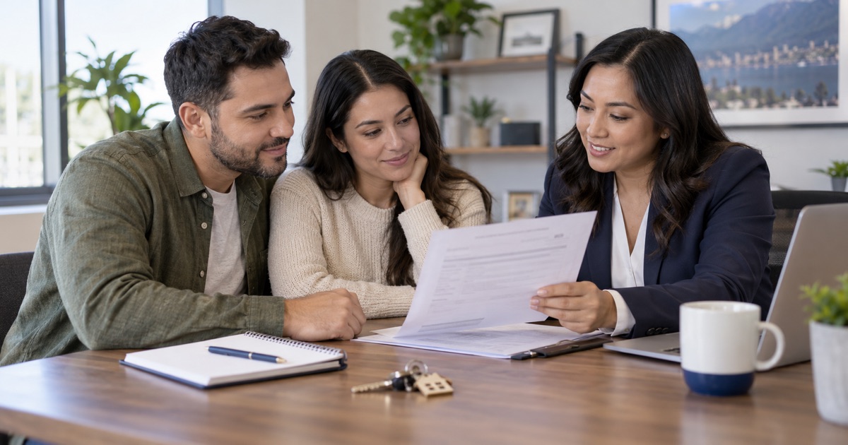A borrower and advisor review a credit report and budget while planning mortgage options.