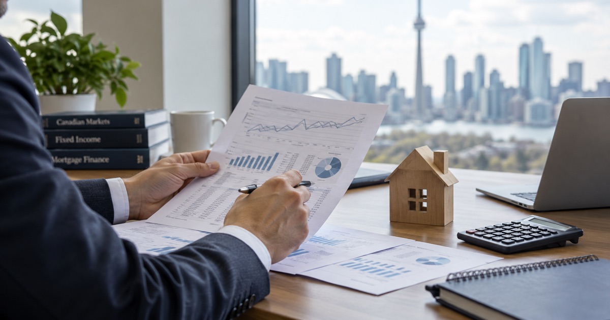 An analyst reviews market information beside a house model, illustrating the link between bond yields and fixed mortgage rates.