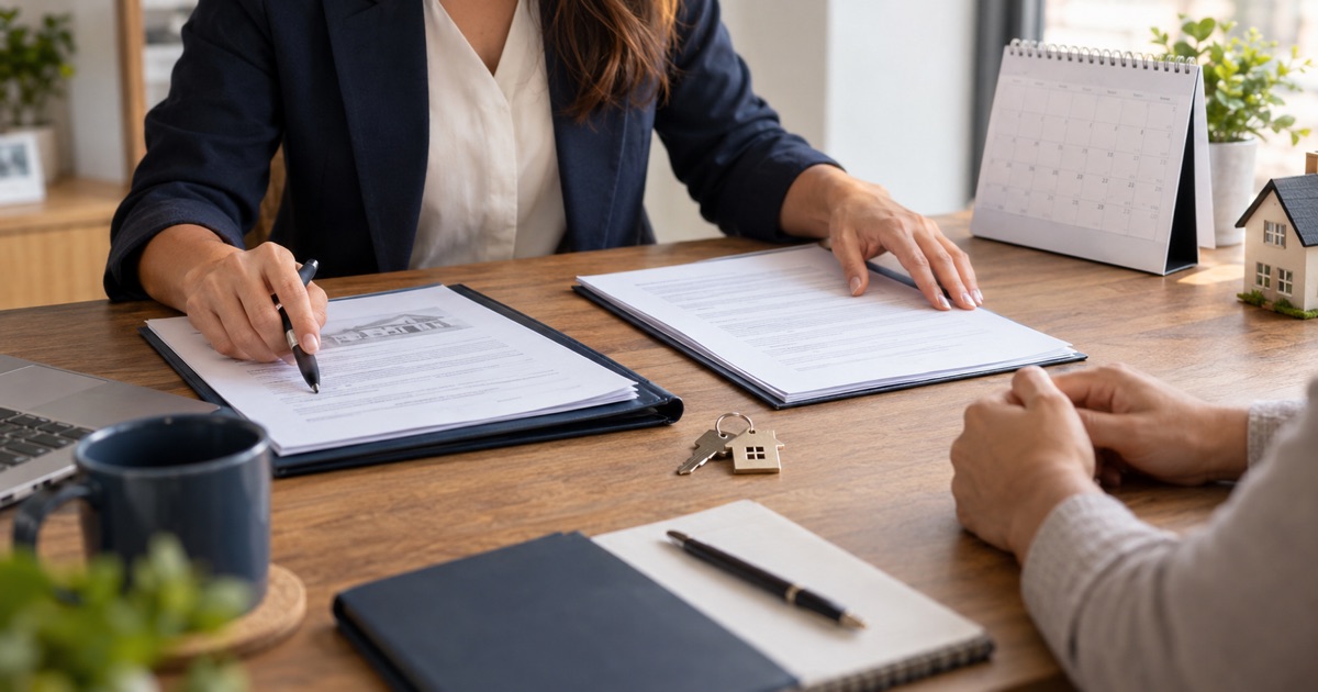 An advisor reviews an existing mortgage and a new agreement beside a calendar to explain extending the term.