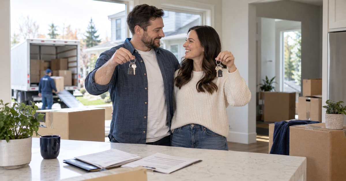 Moving boxes and two sets of house keys illustrate the gap between selling one home and taking possession of another.