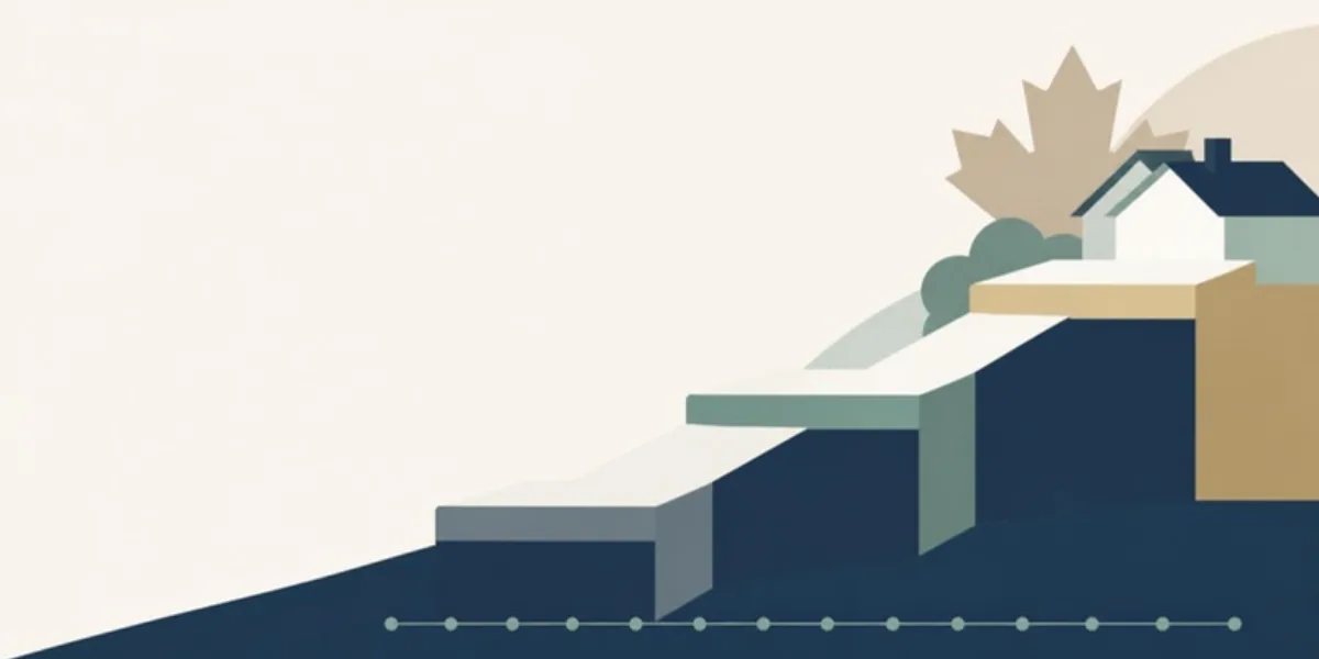 Flat vector illustration of ascending steps rising toward a house roofline with a twelve-month timeline along the base, representing the exit from a private mortgage to a mainstream Canadian lender