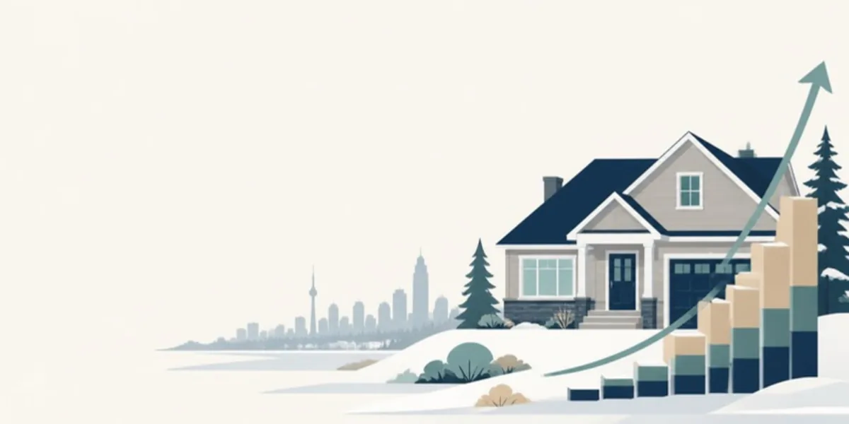 Flat-vector illustration of a Canadian suburban house beside rising stacked blocks, representing a reverse mortgage balance compounding over time