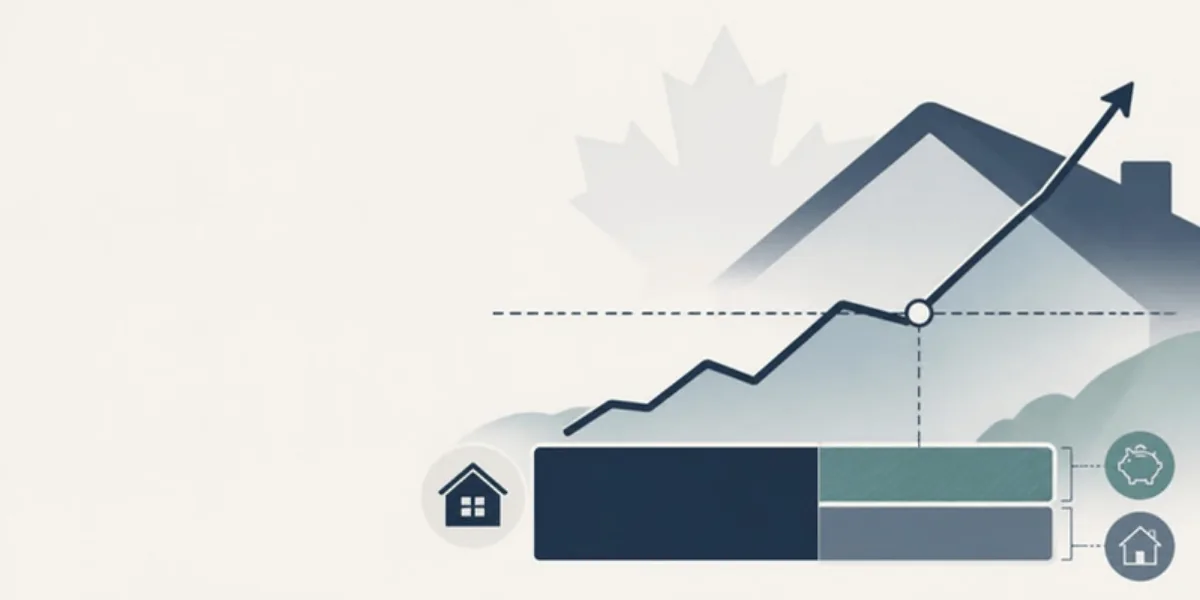 Flat-vector editorial illustration of a rising mortgage interest rate line crossing a dashed trigger threshold, beside a payment bar splitting into interest and principal shares, with a Canadian house and maple leaf motif.