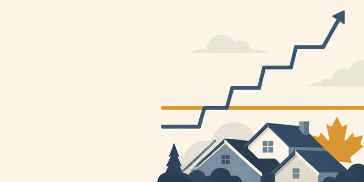 Flat vector illustration of a stepped rising interest rate line crossing a flat horizontal line above Canadian residential rooflines and a maple leaf, representing a variable mortgage rate climbing toward a fixed rate after the Bank of Canada hike.