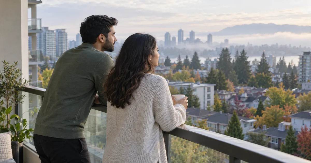 Couple looking across a Canadian residential neighbourhood from their condominium balcony