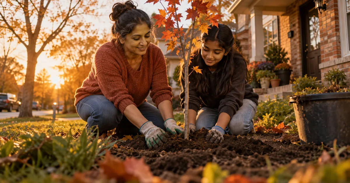Mother and daughter planting a young tree outside their home, illustrating long-term home equity
