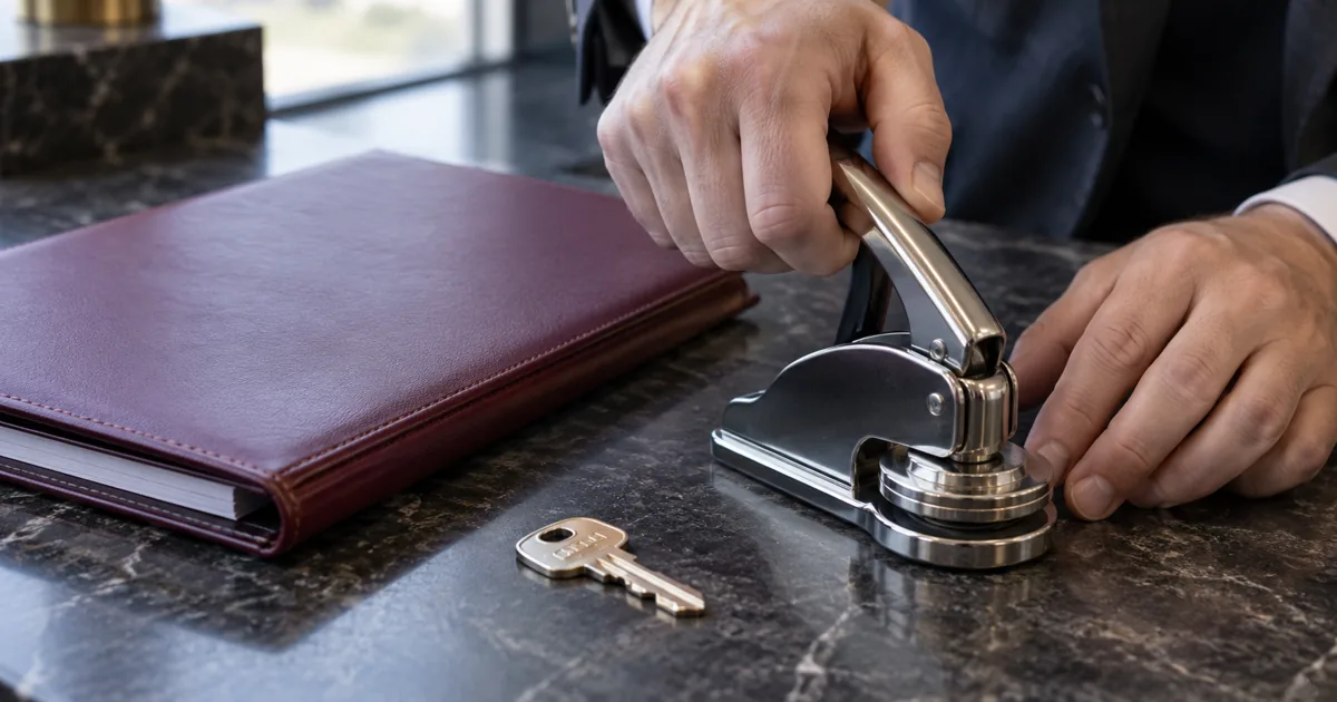 Notarial seal and house key beside a property folder, representing mortgage title registration