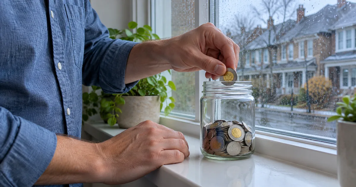 Hands placing a coin into a savings jar beside a rainy window overlooking homes