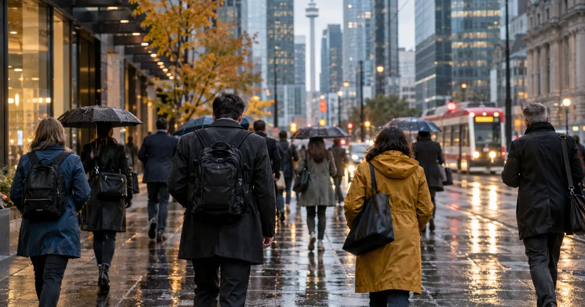 Commuters heading into a Canadian office district on a rainy morning