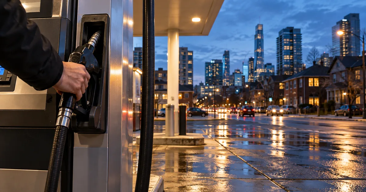 Unbranded fuel pump at blue hour with a Canadian city street beyond, illustrating energy costs in the inflation outlook.