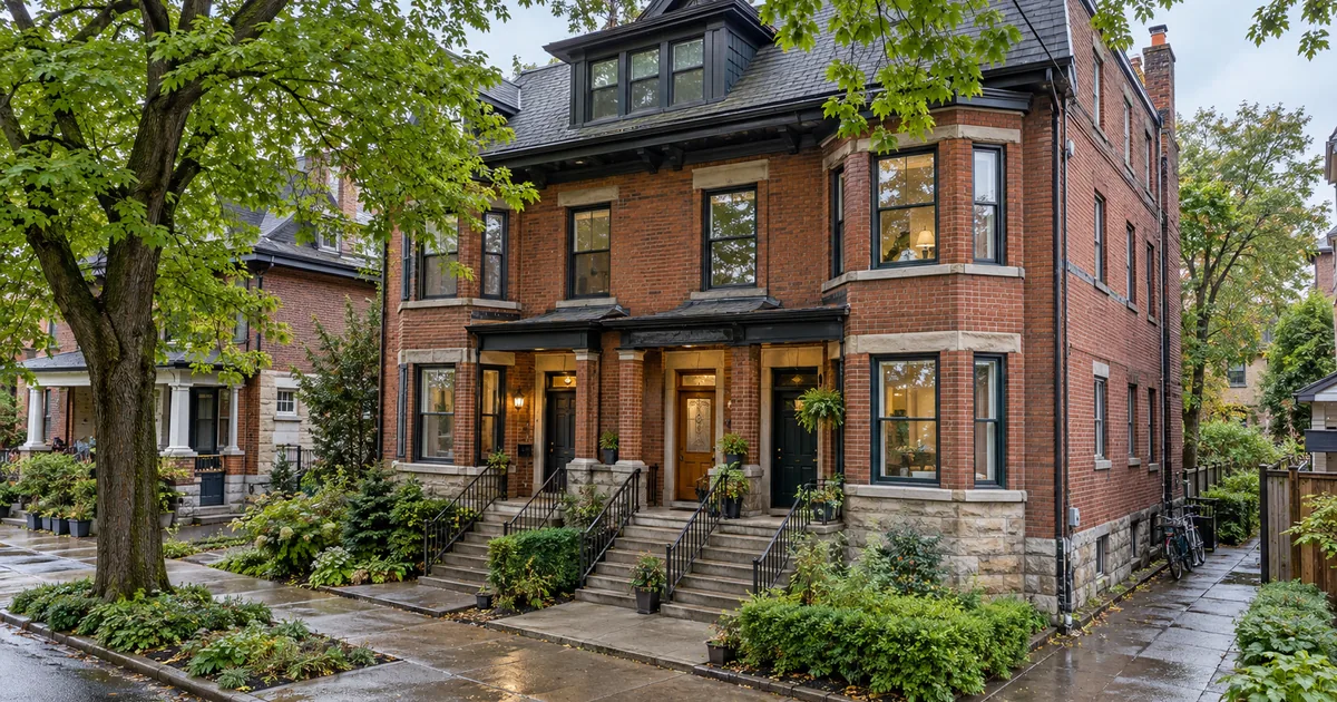 Three-unit Toronto brick multiplex with three separate entrances, photographed from a corner sidewalk.