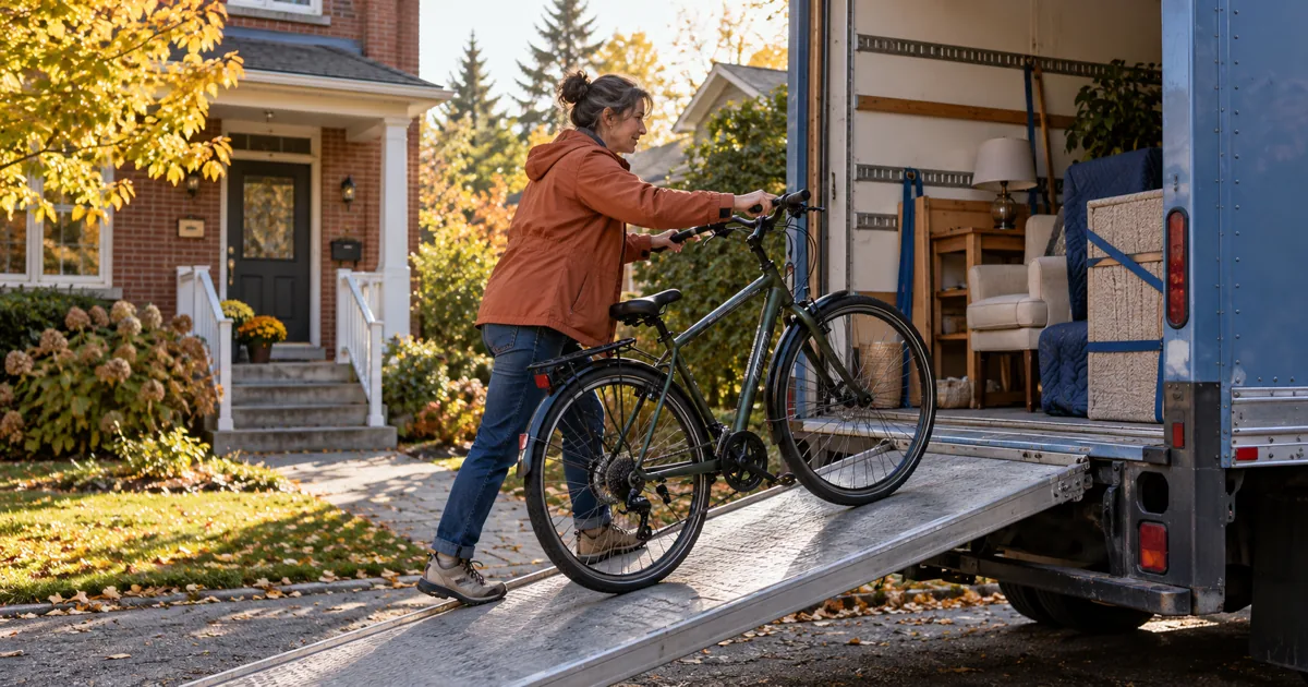 Woman wheeling a bicycle into a moving van outside a brick home