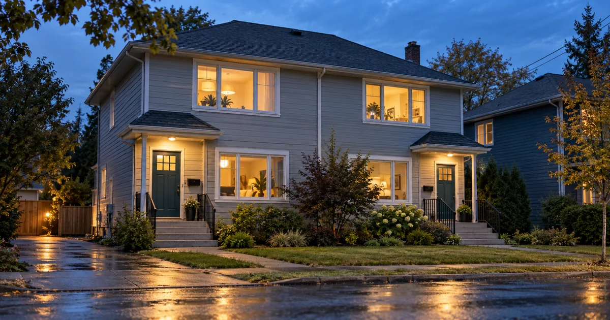 Two-unit rental duplex with separate teal entrances and warm windows at dusk