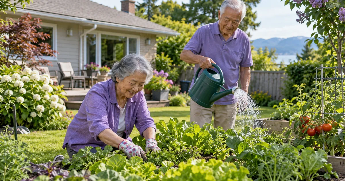 Older homeowners tending their garden behind a bungalow