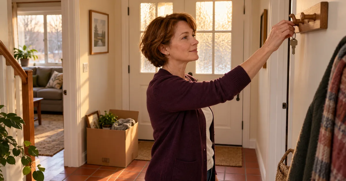 Woman hanging a house key in an entrance hallway with a packing box nearby
