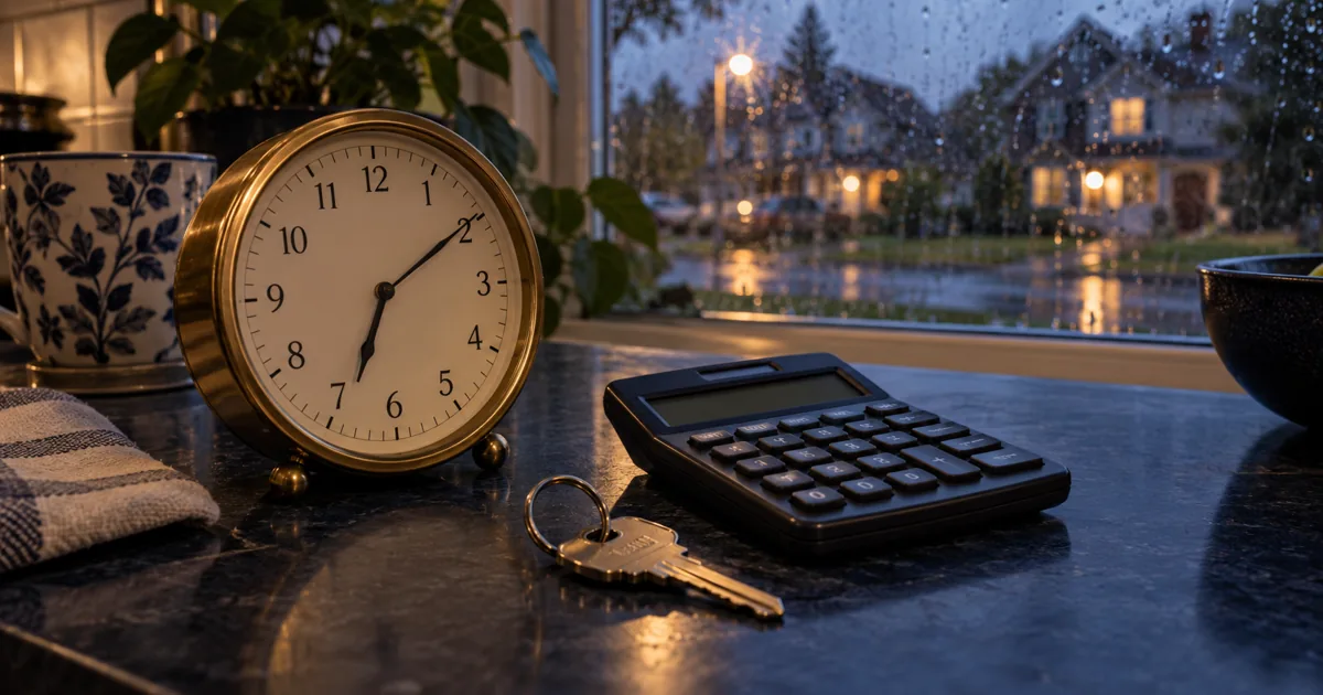 Clock, calculator and house key representing mortgage payments and amortization time