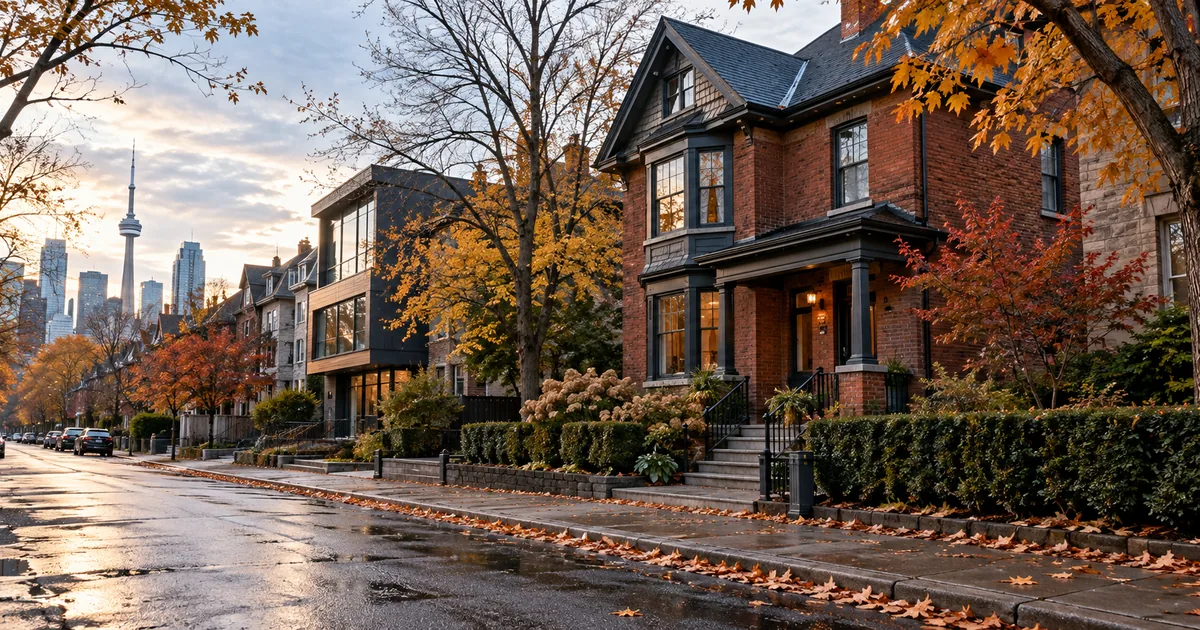 Autumn Toronto homes along a wet residential street, illustrating the choice between variable and fixed mortgage rates.